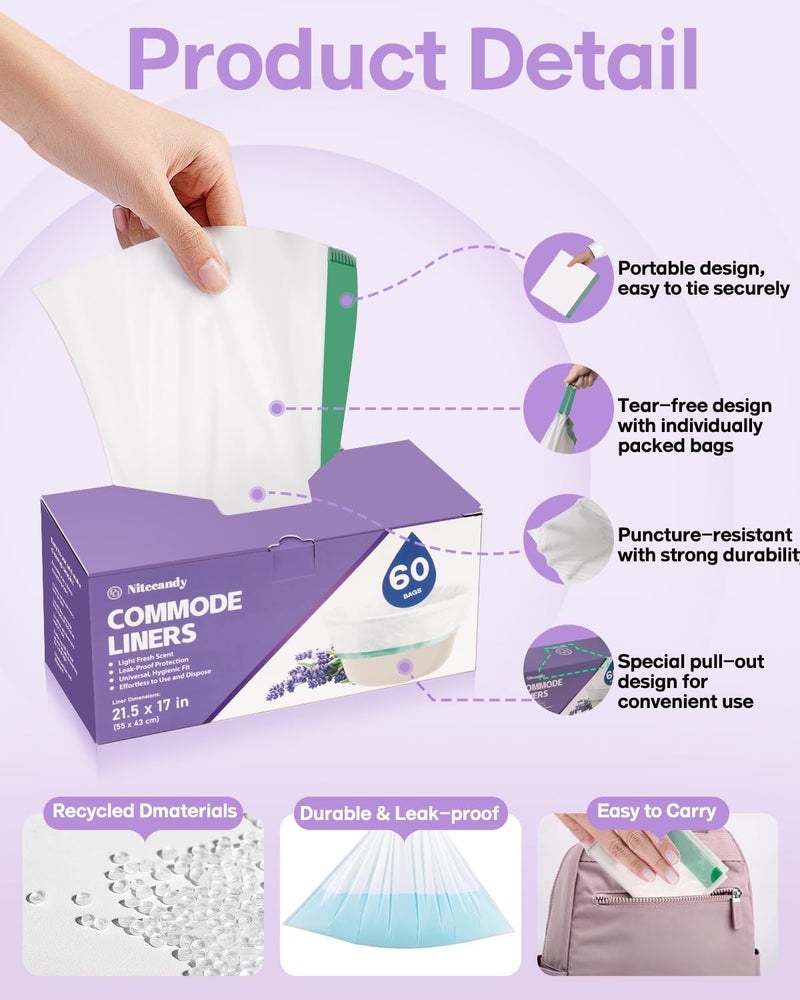 Nitecandy Commode Liners for Bedside Commode, 60 Count Universal Fit, Disposable Toilet Bags for Bedside Commode, Portable Toilet, Bed Pan, Medical Grade & Lavender Scented - Image 2